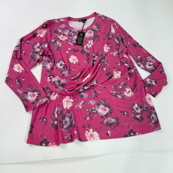 DG2 Top Womens 2X Pink Floral Long-Sleeve Crew-Neck Blouse Cottage Core New - Picture 1 of 10